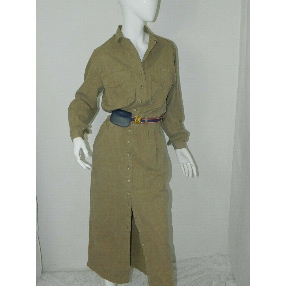 Vintage I. Magnin Dress Brown Green Khaki Utility Cargo Coverall Dress Size S/M